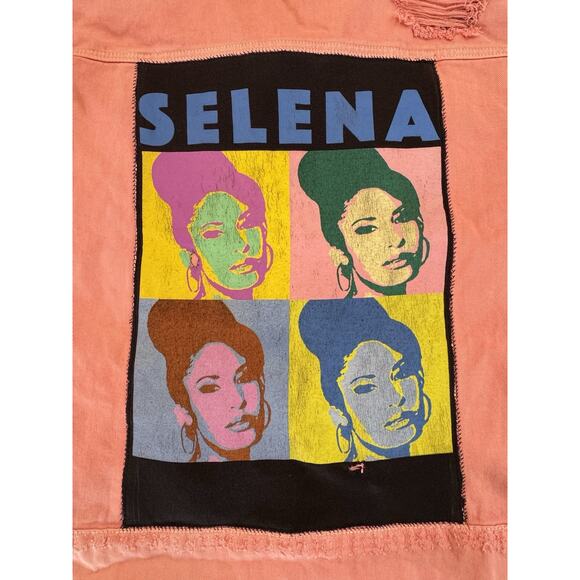 SELENA QUINTANILLA Queen of Tejano Music Upcycled Retro Pink Denim Jacket Size L - Picture 11 of 13